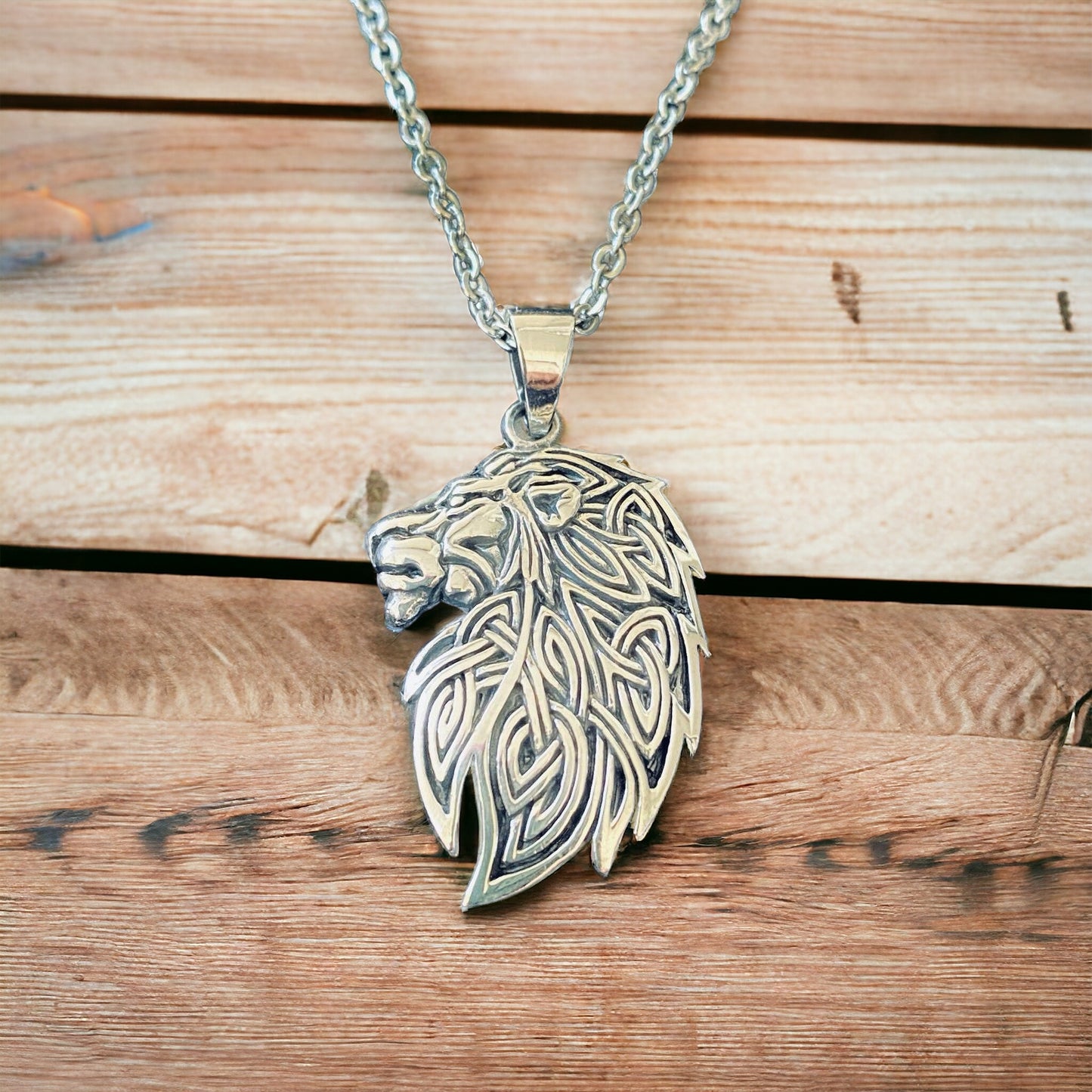 Handcast 925 Sterling Silver Celtic Lion Head Pendant + Free Chain Necklace