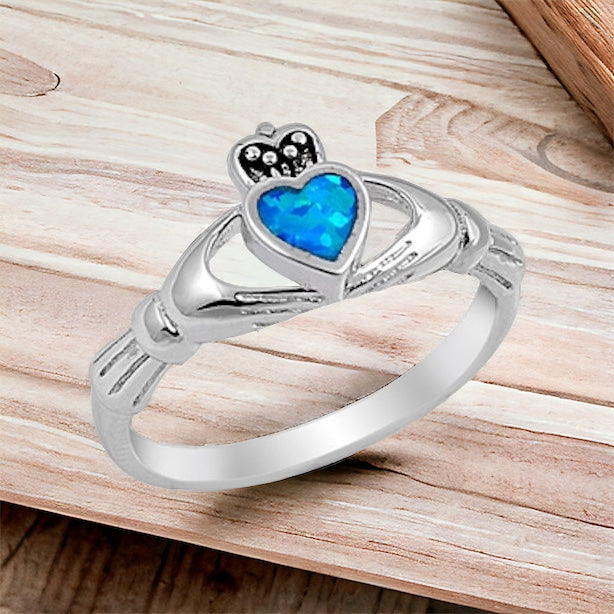 Sterling Silver Irish Claddagh Ring w/ Blue Opal