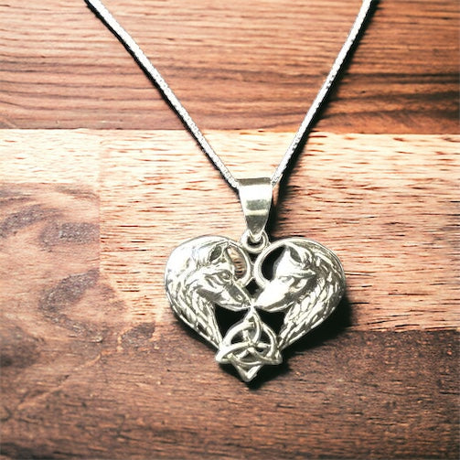 Handcast 925 Sterling Silver Celtic Wolf Heart Pendant accented w/ Celtic Trinity Triquetra Knot + Free Chain Necklace