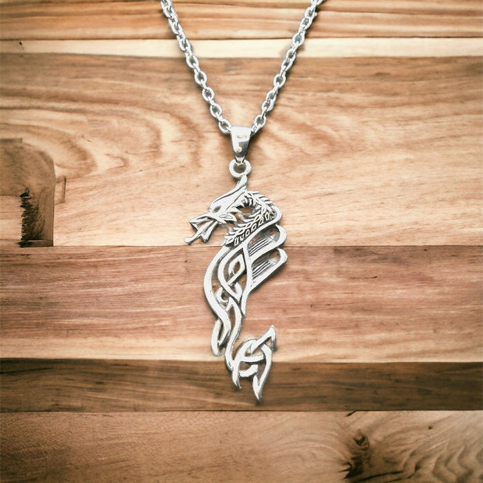Large Handcast 925 Sterling Silver Celtic Dragon Pendant Necklace + Free Chain