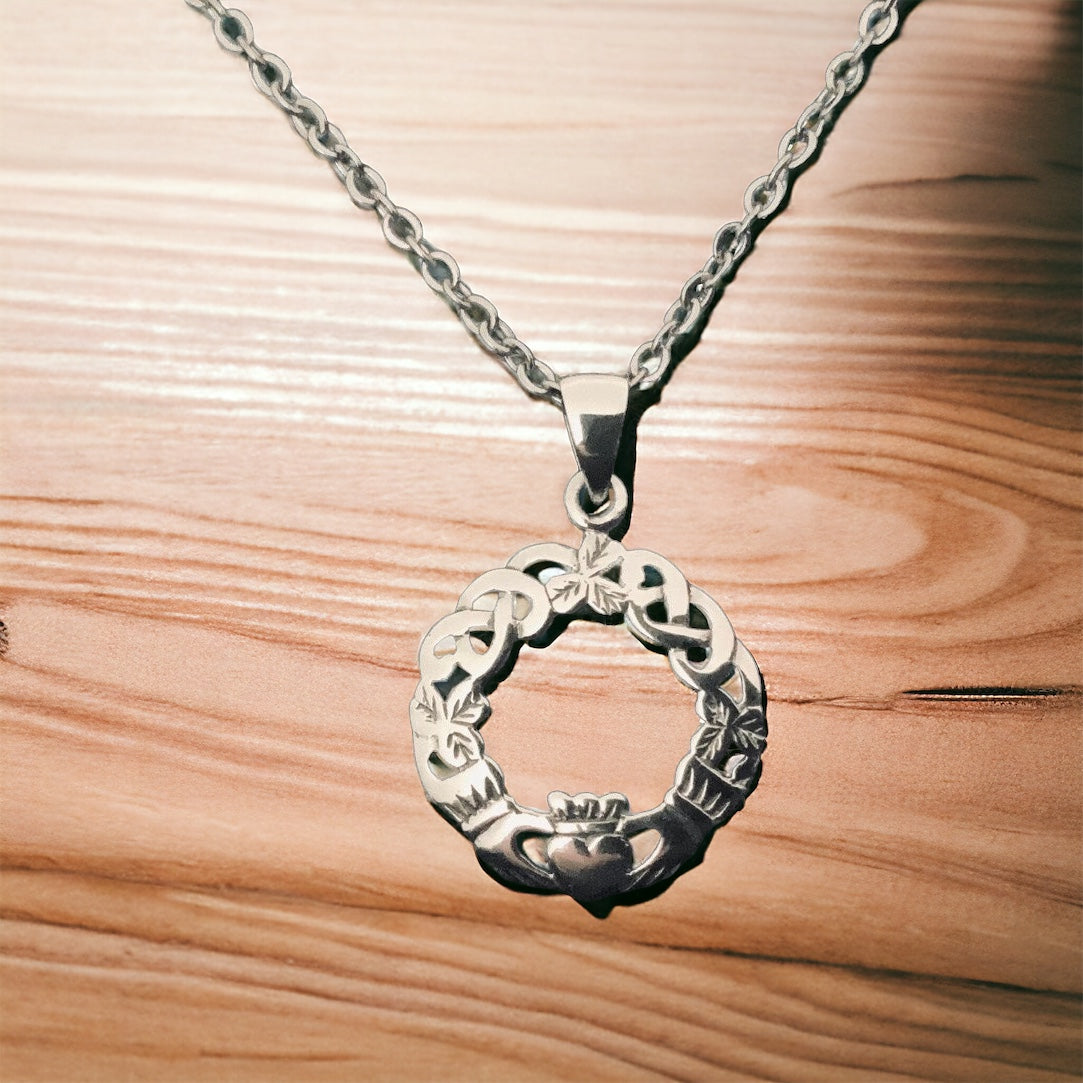 925 Sterling Silver Irish Celtic Claddagh Shamrock Pendant Necklace