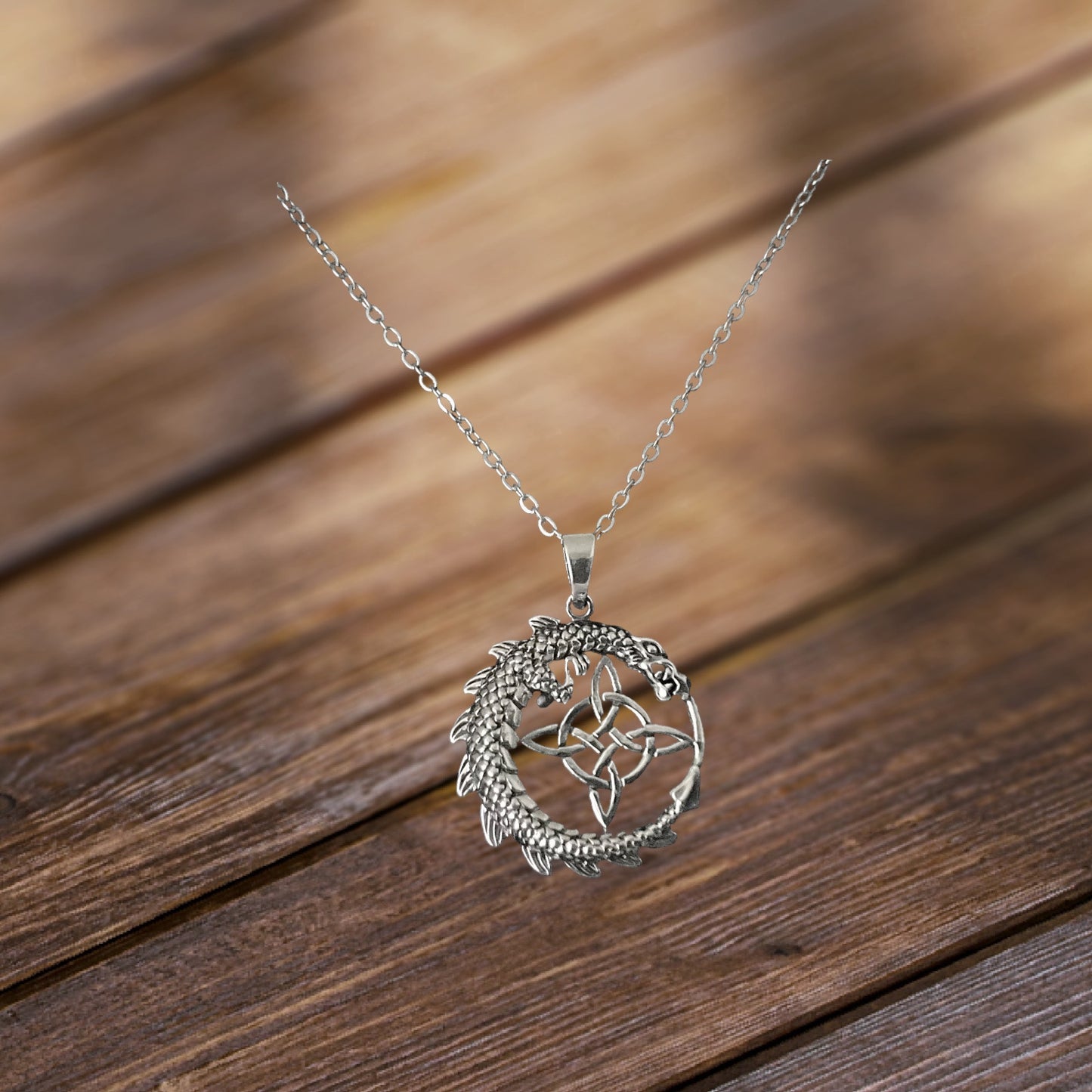 Large 925 Sterling Silver Medieval Dragon wrapped around Celtic Compass Pendant + Free Chain