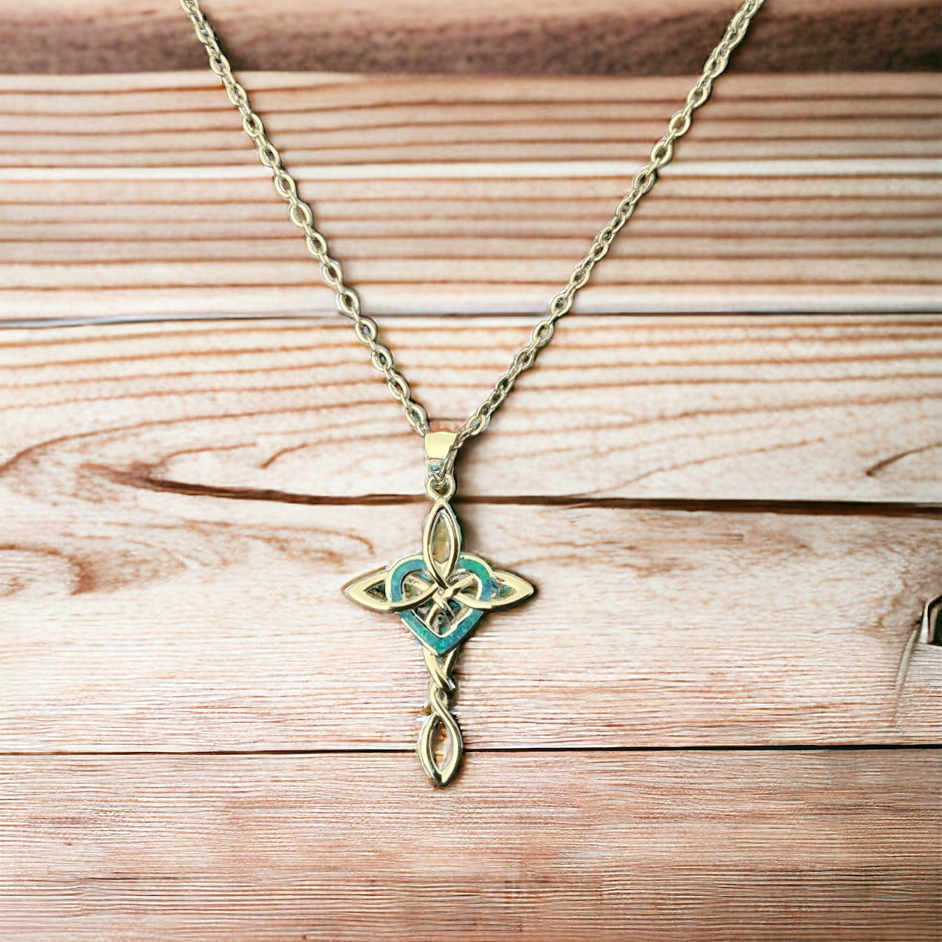 Large 925 Sterling Silver Celtic Knot Cross Fire Blue Opal Heart Pendant Necklace + Free Chain