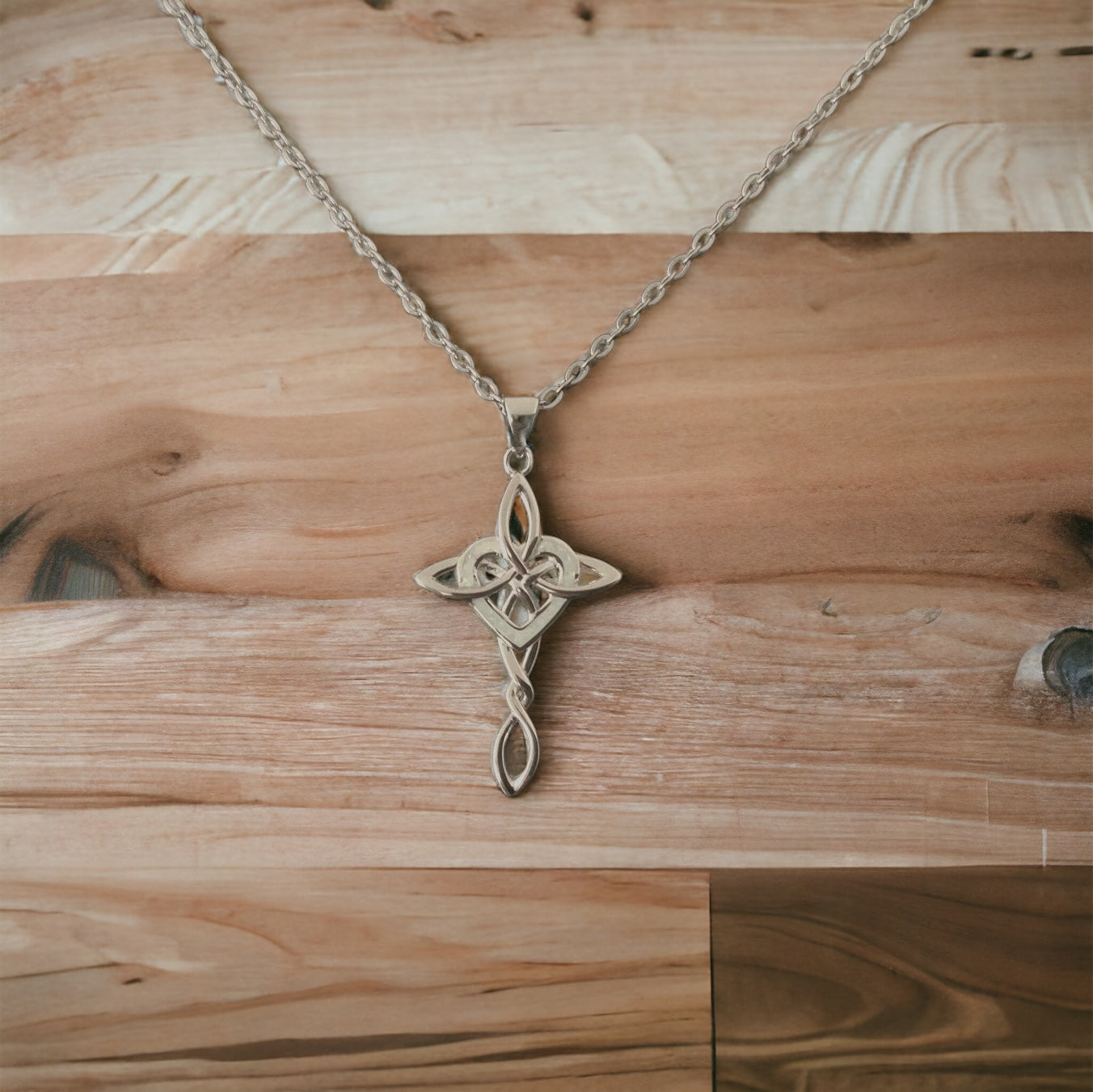 Large 925 Sterling Silver Celtic Knot Cross White Opal Heart Pendant Necklace + Free Chain