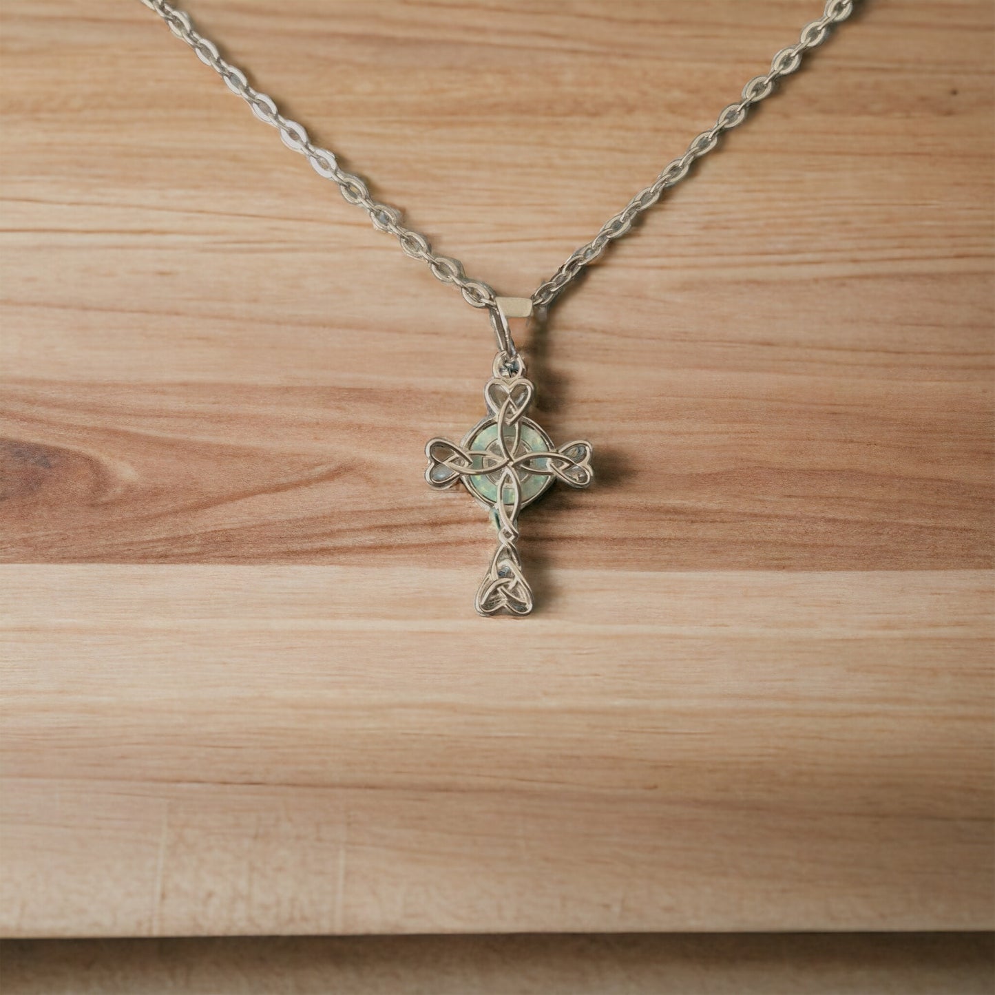 925 Sterling Silver Celtic Knot Cross White Opal Pendant Necklace + Free Chain
