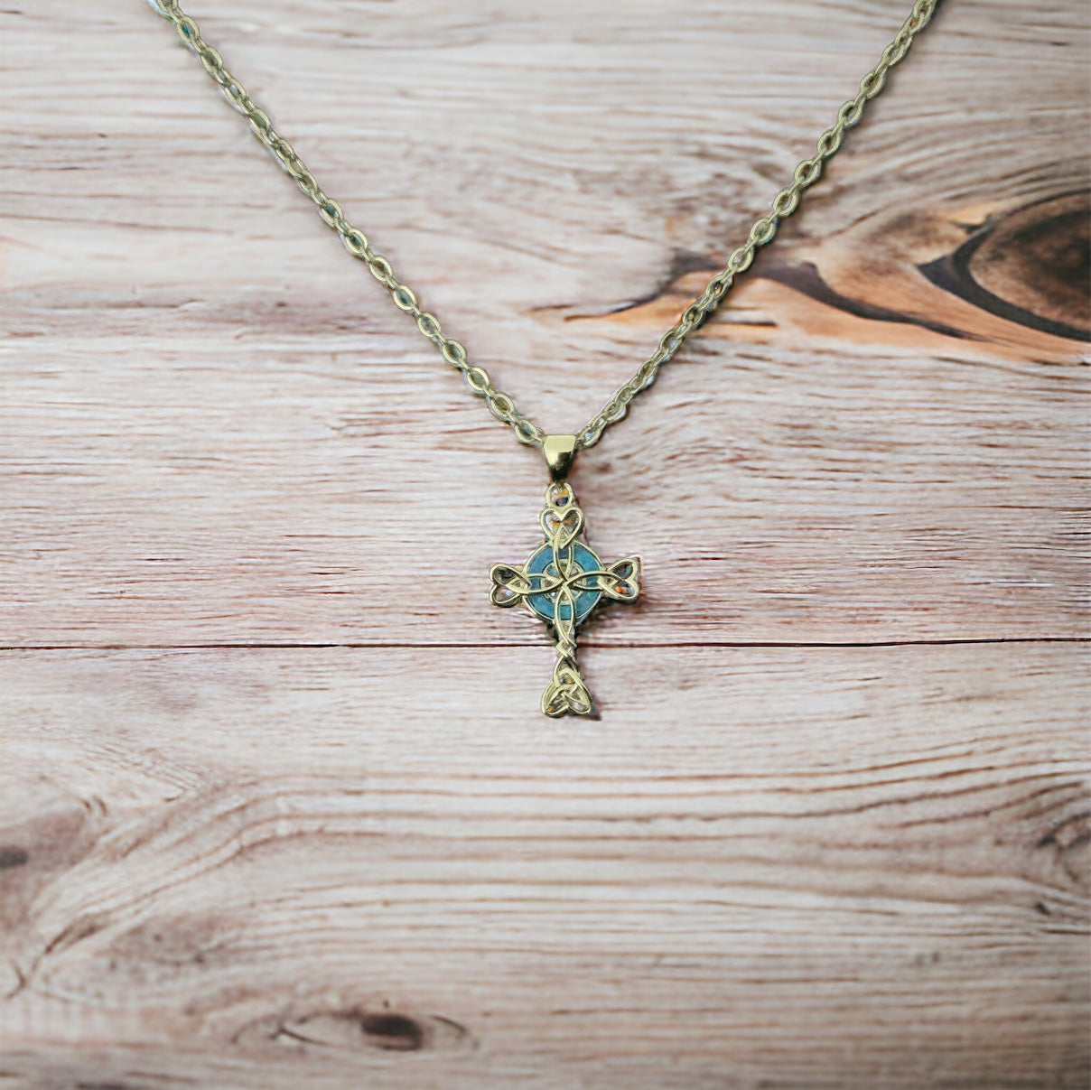 925 Sterling Silver Celtic Knot Cross Fire Blue Opal Pendant Necklace + Free Chain