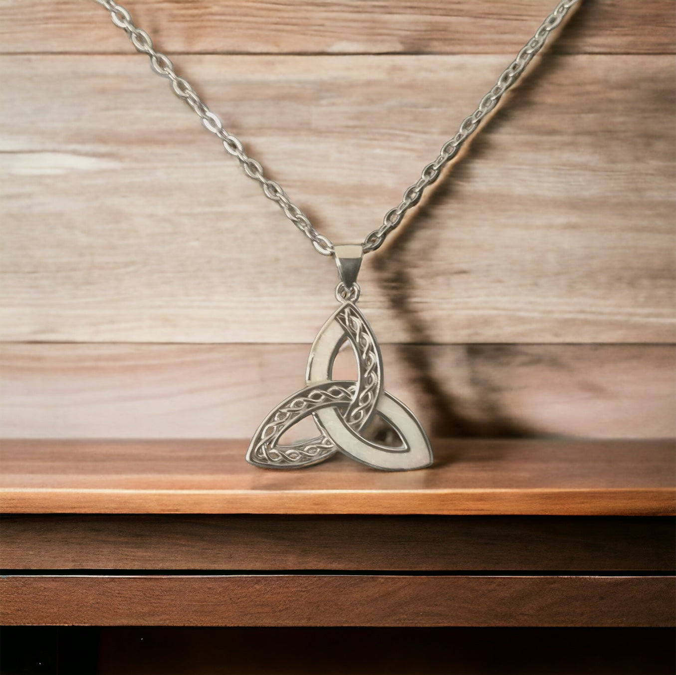 925 Sterling Silver Celtic Triquetra Trinity Knot w/ White Opal + Free Chain Necklace