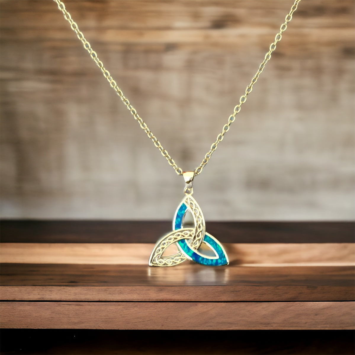 925 Sterling Silver Fire Blue Opal Celtic Triquetra Trinity Knot + Free Chain Necklace