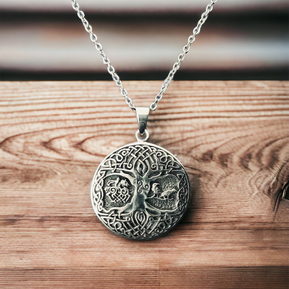 925 Sterling Silver Viking Celtic Tree of Life Pendant w/ Odin Sleipnir and Ravens Hugin / Munin + Free Chain