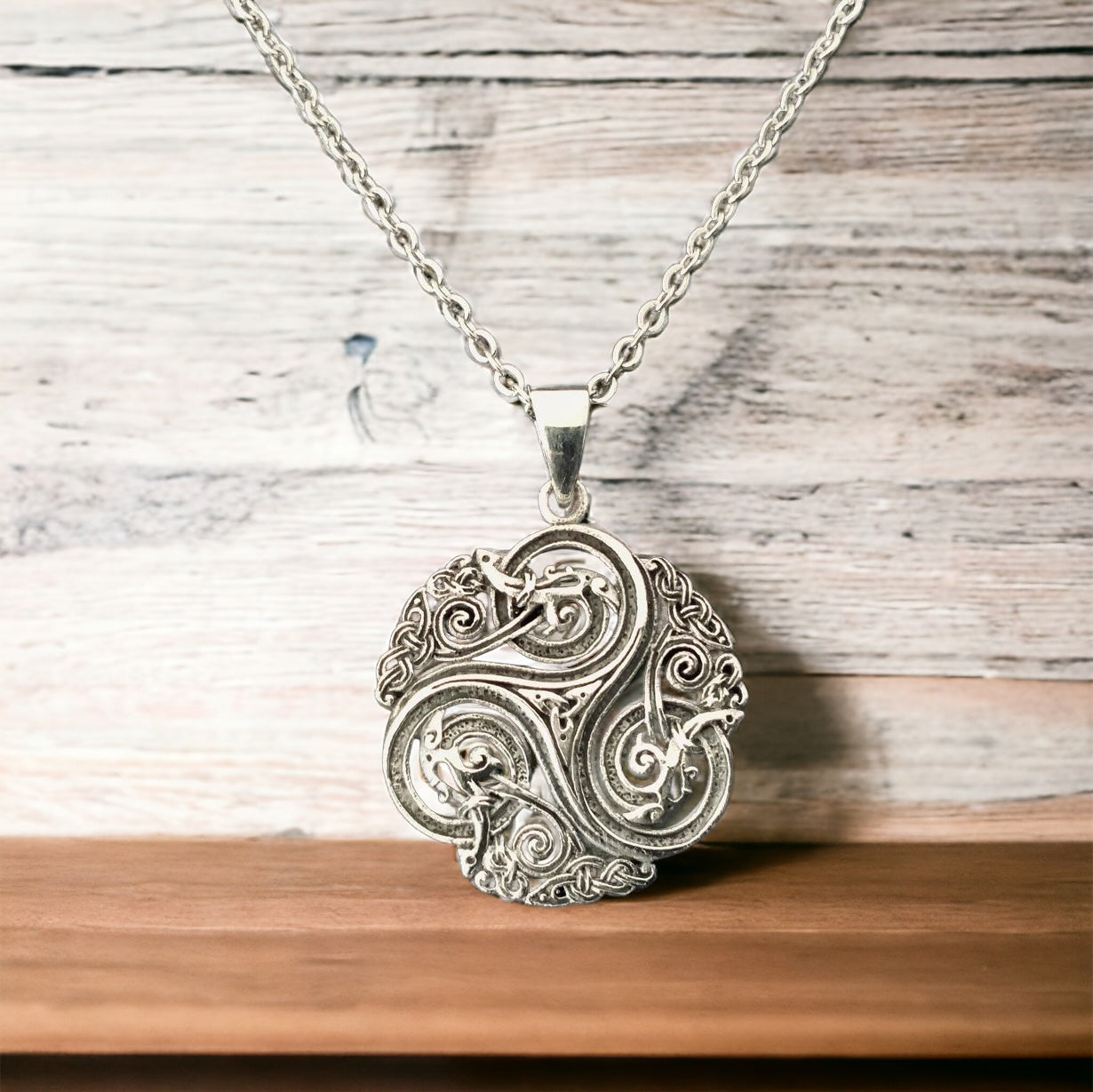 Large Handcast 925 Sterling Silver Celtic Triskele Triple Spiral Pendant w/ Entwined Celtic Dragons Necklace