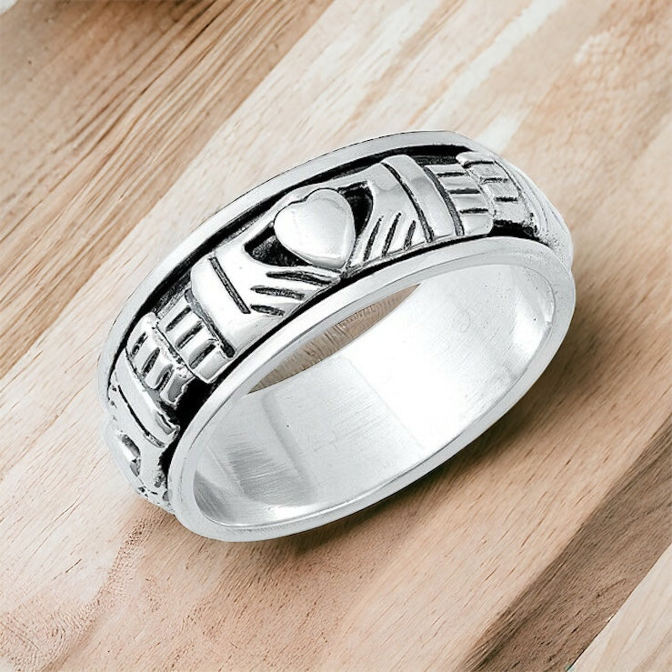 925 Sterling Silver Irish Celtic Claddagh Spinning Spin Fidget Ring Band Sz 5-15