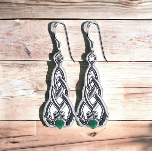 Sterling Silver Irish Claddagh Dangle Earrings w/ Emerald Green CZ
