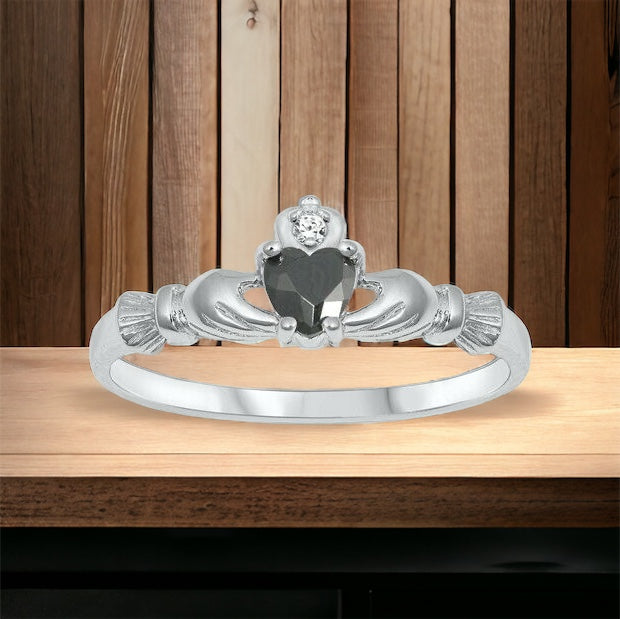 Sterling Silver Irish Claddagh Ring Black CZ Heart Size 1-10