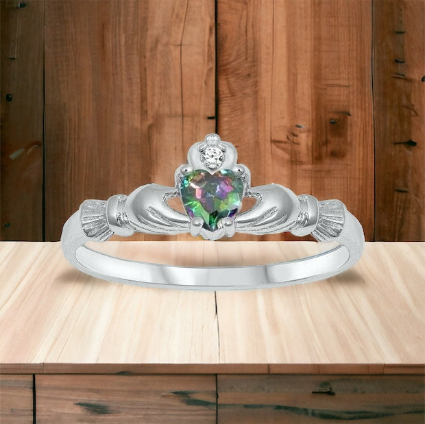 Sterling Silver Irish Claddagh Ring Rainbow Topaz CZ Heart Size 1-10