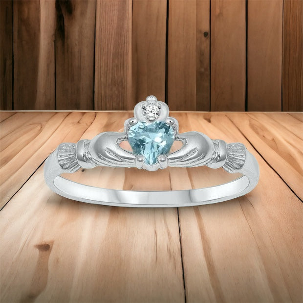 Sterling Silver Irish Claddagh Ring Blue Aquamarine CZ Heart Size 1-9