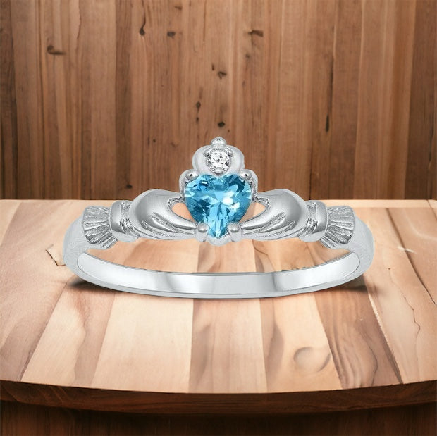 Sterling Silver Irish Claddagh Ring Blue Topaz CZ Heart Size 1-10