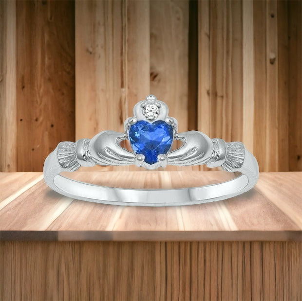 Sterling Silver Irish Claddagh Ring Blue Sapphire CZ Heart Size 1-10