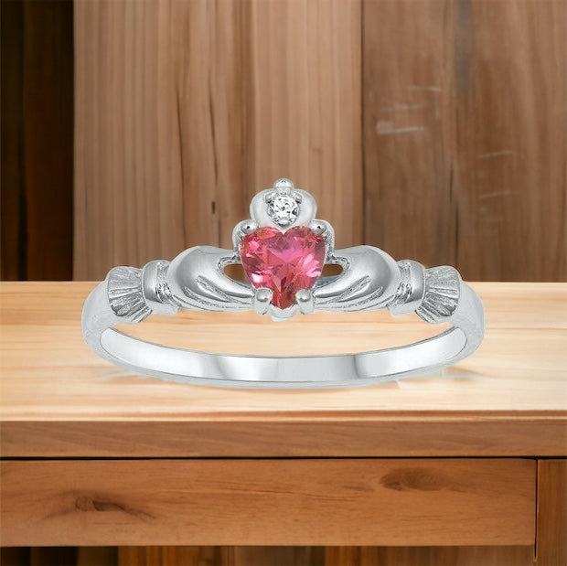 Sterling Silver Irish Claddagh Ring Ruby CZ Heart Size 1-10