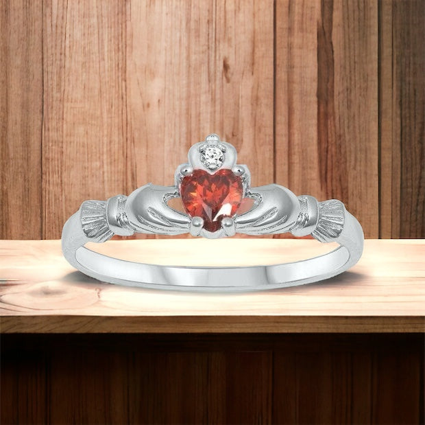 Sterling Silver Irish Claddagh Ring Garnet CZ Heart Size 1-10