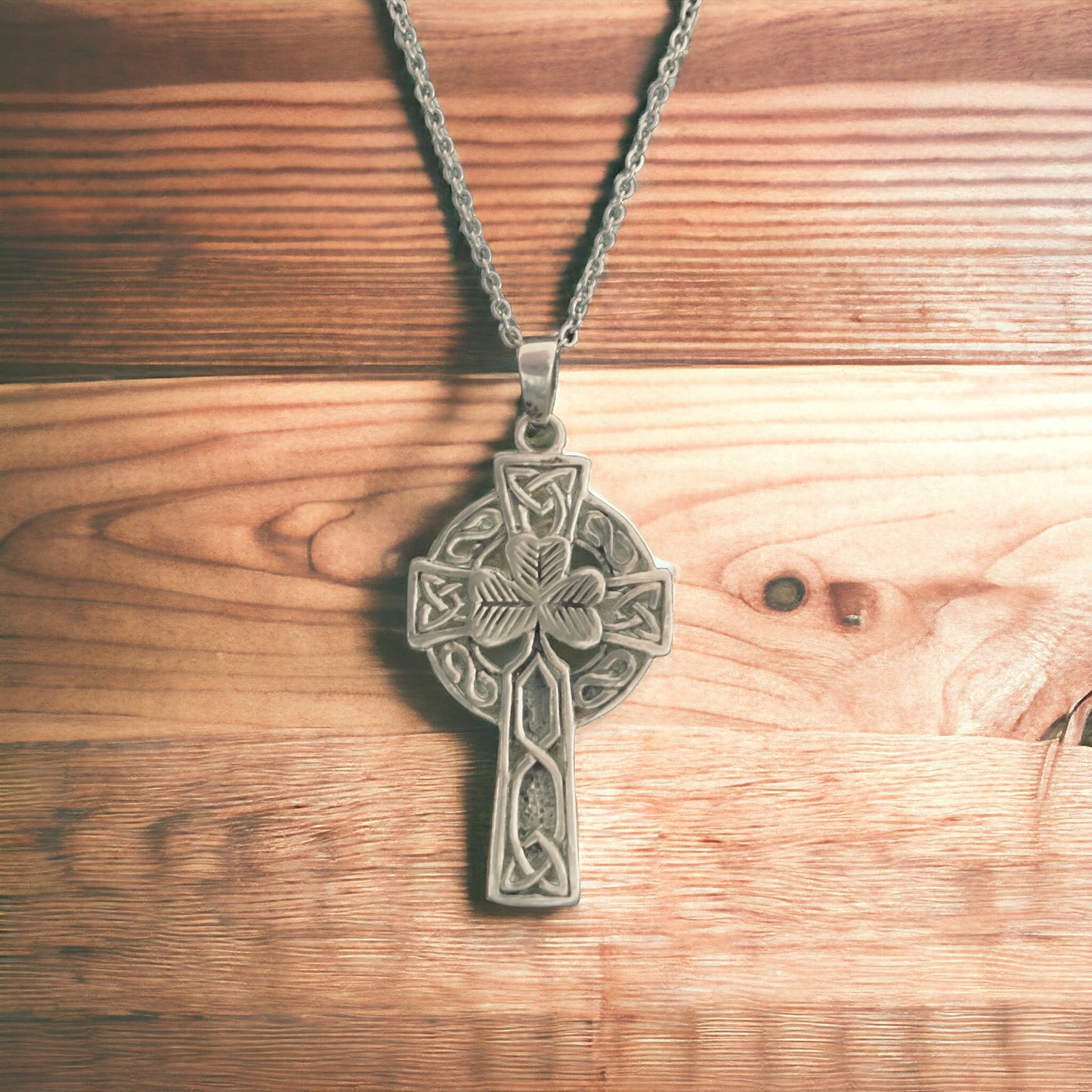 Large Silver Irish Celtic Shamrock Cross Pendant + Free Chain