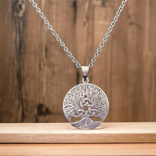 Large Handcast 925 Sterling Silver Irish Celtic Triquetra Trinity Knot Tree of Life Pendant + Free Chain Necklace