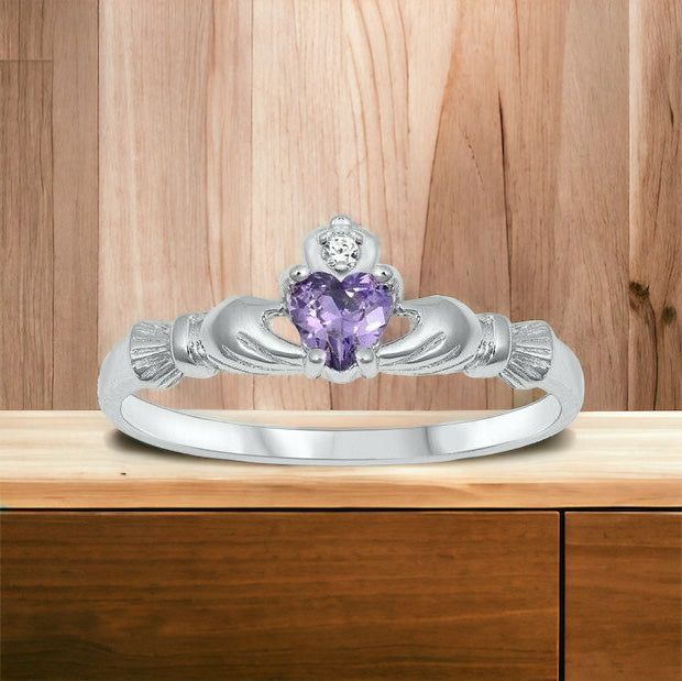 Sterling Silver Irish Claddagh Ring Amethyst CZ Heart Size 1-9