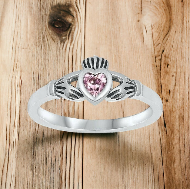 Sterling Silver Irish Claddagh Ring Pink CZ Heart Size 4-10