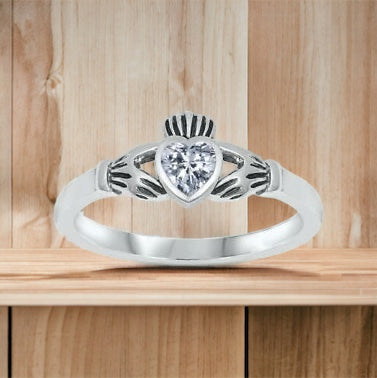 Sterling Silver Irish Claddagh Ring Clear CZ Heart Size 1-9