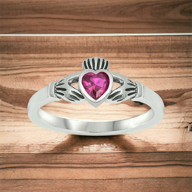 Sterling Silver Irish Claddagh Ring Ruby CZ Heart Size 1-9