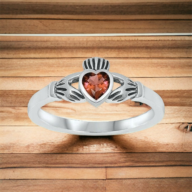Sterling Silver Irish Claddagh Ring Garnet CZ Heart Size 1-9