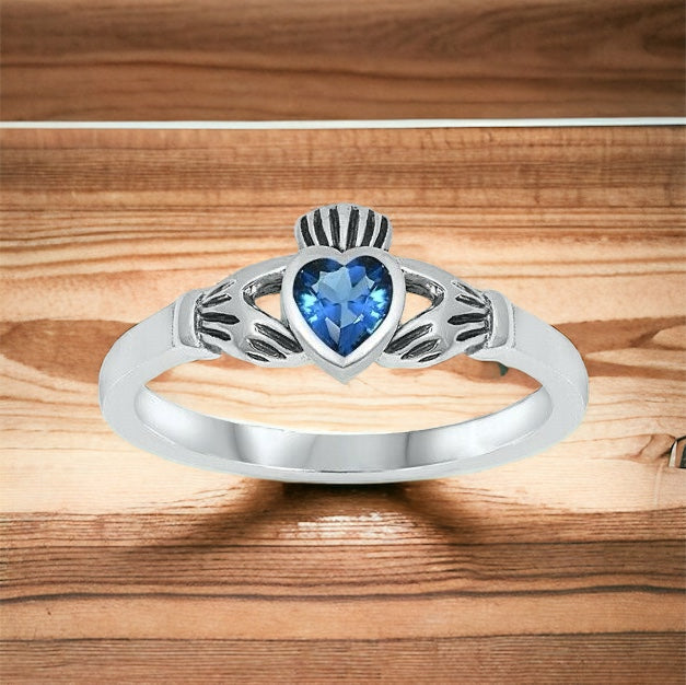 Sterling Silver Irish Claddagh Ring Blue Sapphire CZ Heart Size 1-9