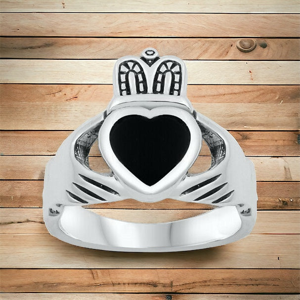 Sterling Silver Men's Irish Claddagh Ring w/ Black Onyx