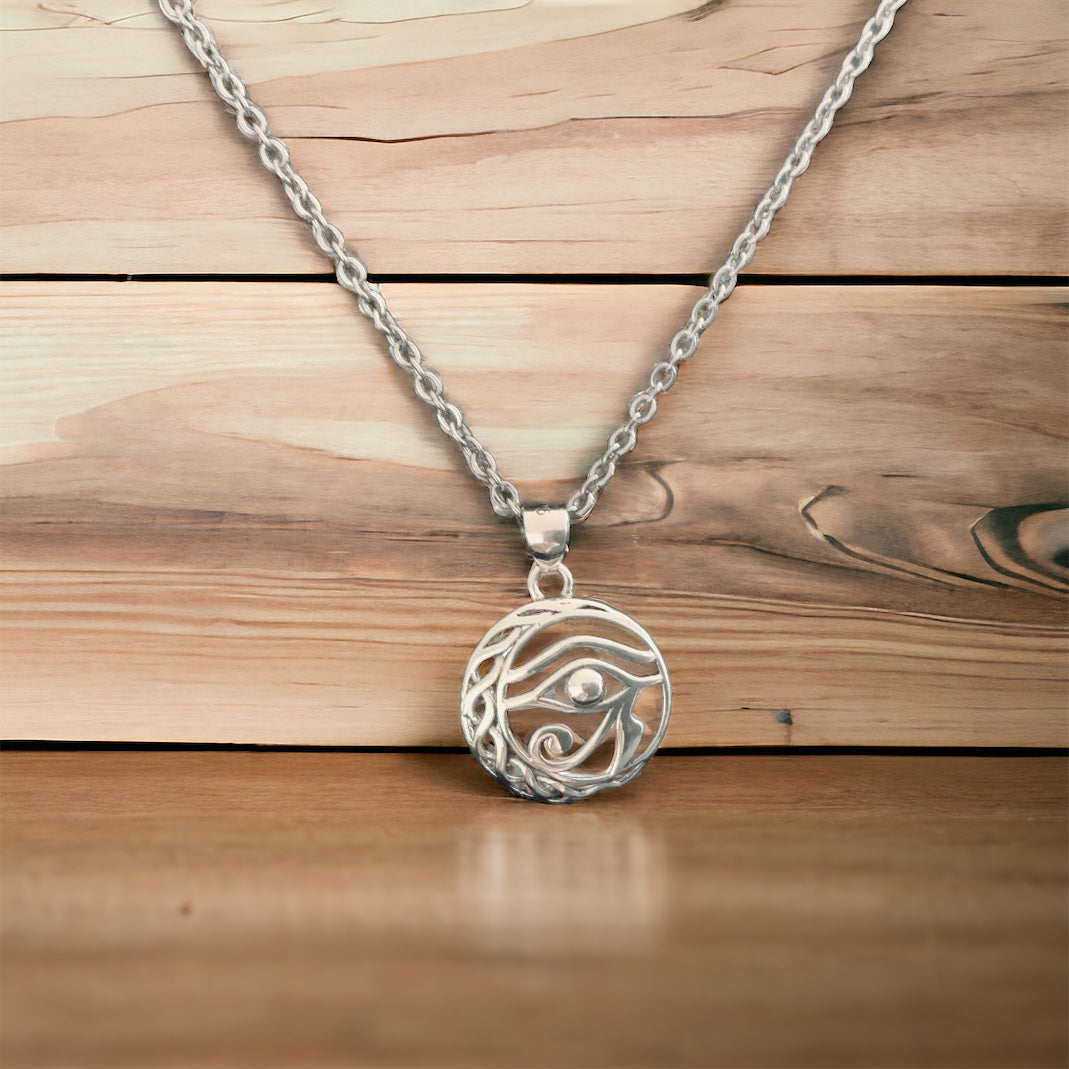 Handcast 925 Sterling Silver Celtic Crescent Moon Egyptian Eye of Horus Pendant + Free Chain
