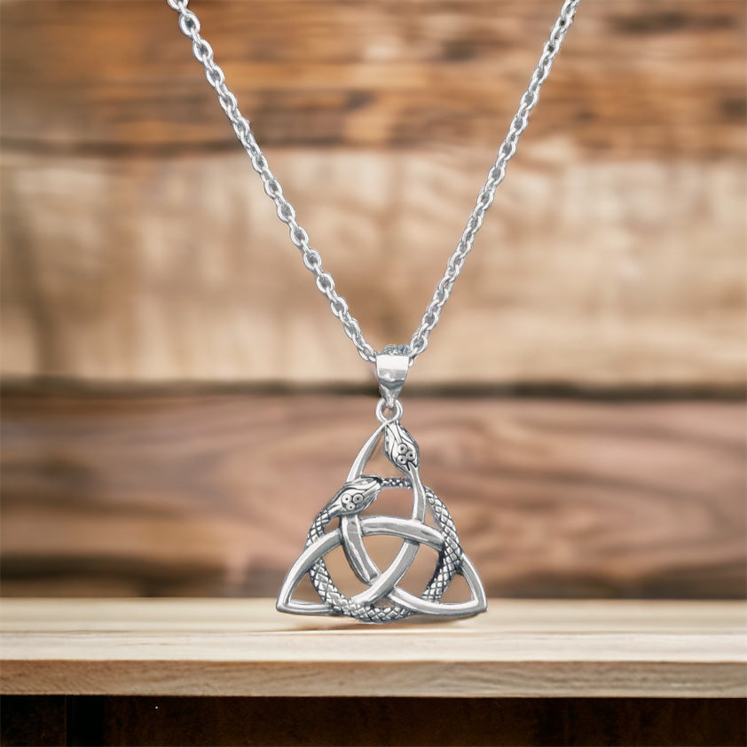 Handcast 925 Sterling Silver Irish Celtic Triquetra Trinity Knot Serpent Pendant + Free Chain Necklace