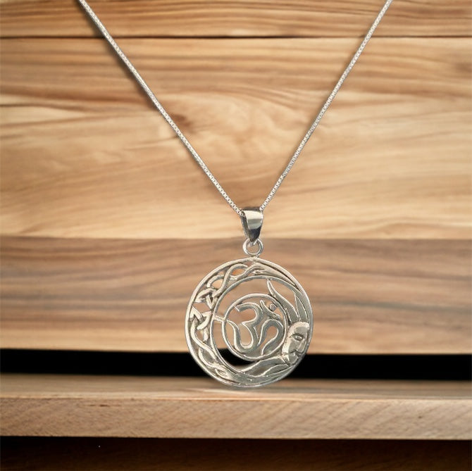 Handcast 925 Sterling Silver Celtic Crescent Moon Sun Om Pendant + Free Chain