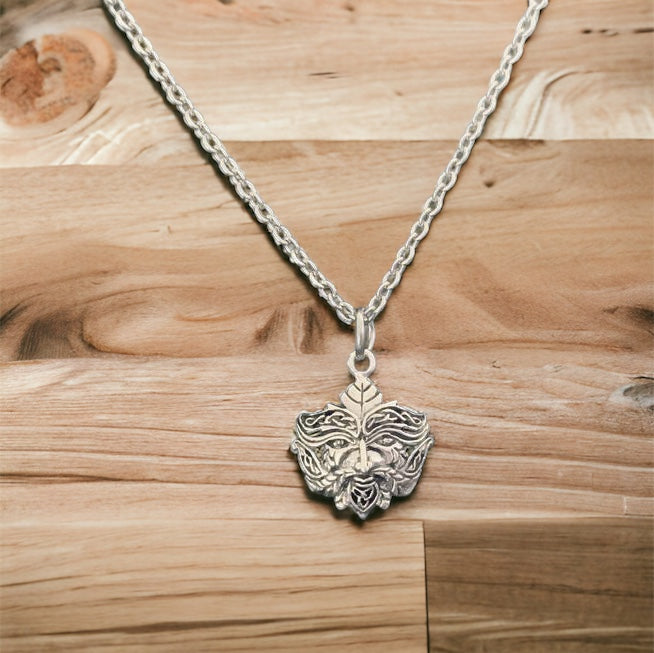 Handcast 925 Sterling Silver Celtic Green Man Pendant with Celtic Knot Designs + Free Chain Necklace