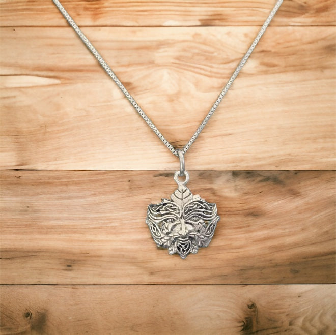 Handcast 925 Sterling Silver Celtic Green Man Pendant with Celtic Knot Designs + Free Chain Necklace