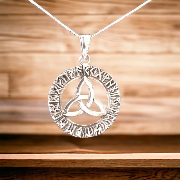 Handcast 925 Sterling Silver Celtic Triquetra Trinity Knot Pendant Runic Alphabet Viking Norse + Free Chain Necklace