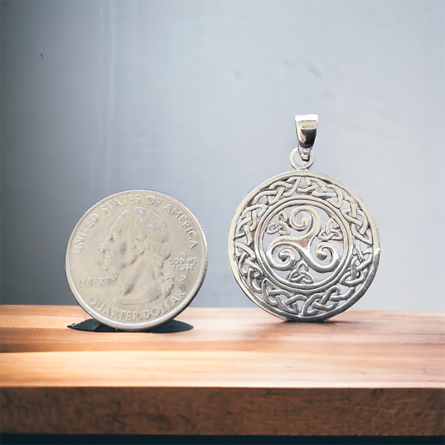 Handcast 925 Sterling Silver Celtic Triskele Triple Spiral Triskelion Pendant Necklace + Free Chain