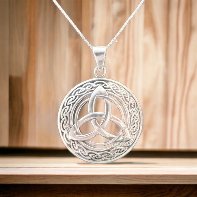 Large Handcast 925 Sterling Silver Irish Celtic Triquetra Trinity Knot Pendant + Free Chain