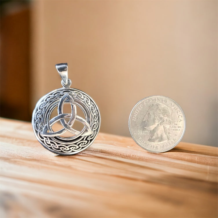 Large Handcast 925 Sterling Silver Irish Celtic Triquetra Trinity Knot Pendant + Free Chain