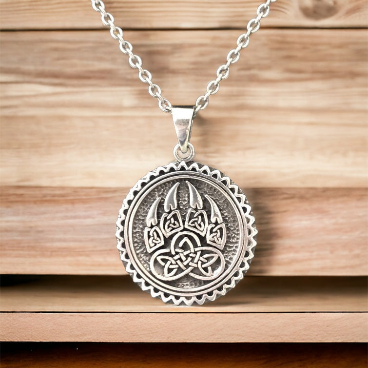 Handcast 925 Sterling Silver Viking Celtic Wolf Claw Paw Pendant with Celtic Knot Designs + Free Chain