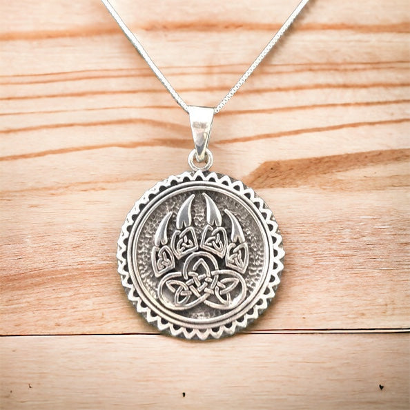 Handcast 925 Sterling Silver Viking Celtic Wolf Claw Paw Pendant with Celtic Knot Designs + Free Chain