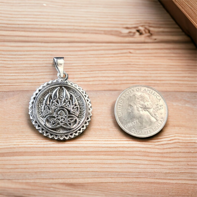 Handcast 925 Sterling Silver Viking Celtic Wolf Claw Paw Pendant with Celtic Knot Designs + Free Chain