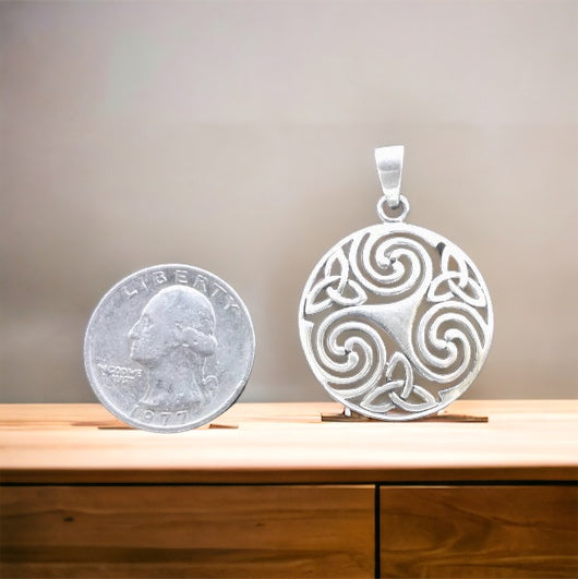 Large Handcast 925 Sterling Silver Celtic Triskele Triple Spiral Triskelion Pendant Necklace + Free Chain