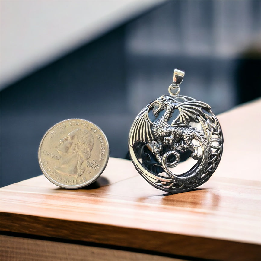 Handcast 925 Sterling Silver Celtic Dragon Pendant Necklace + Free Chain
