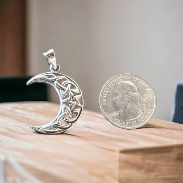 Handcast 925 Sterling Silver Irish Celtic Crescent Moon Pendant + Free Chain Necklace