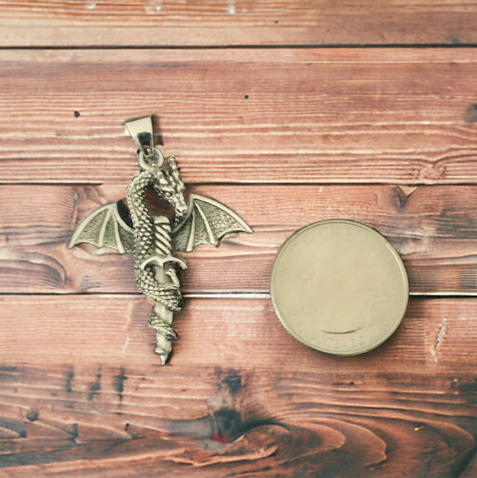 Large 925 Sterling Silver Medieval Dragon Necklace