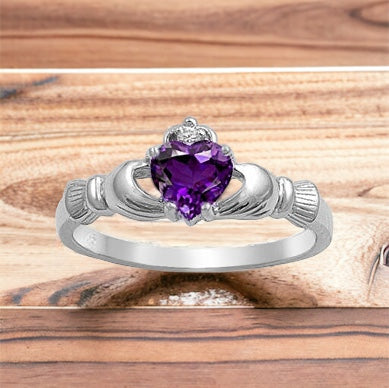 Sterling Silver Irish Claddagh Ring w/ Amethyst CZ