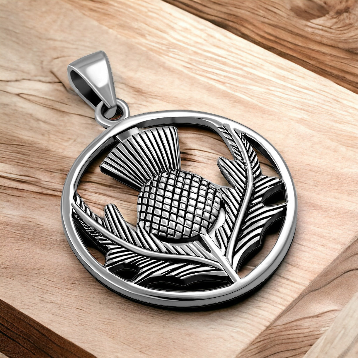 Large 925 Sterling Silver Scottish Thistle Flower Pendant + Free Chain